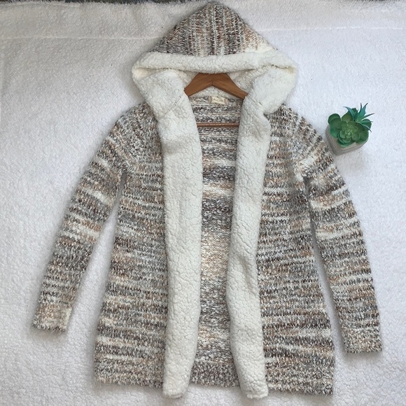 ALTAR’D State Eyelash Chenille Sherpa brown & cream hooded open Cardigan sweater - Picture 3 of 7